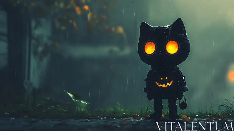 Halloween cat robot with glowing pumpkin eyes in rain.