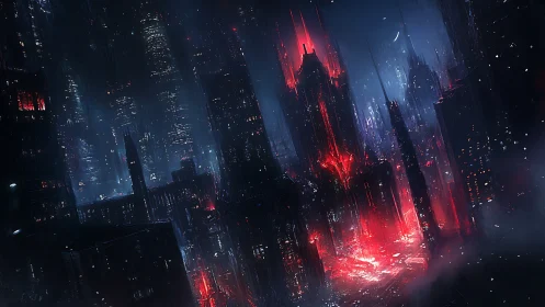 Neon storms over a crimson-lit futuristic megacity at night.