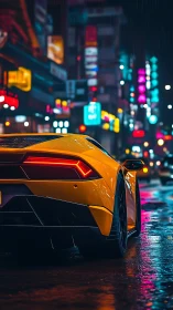 Yellow supercar on wet neon city street at night.
