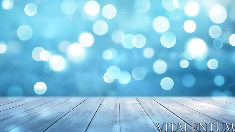 Light blue bokeh background with empty wooden table, modern and soft.