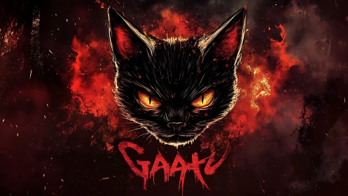 Fiery black cat illustration with glowing yellow eyes.