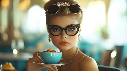 Woman sits in caf&eacute; interior holding turquoise cup and saucer