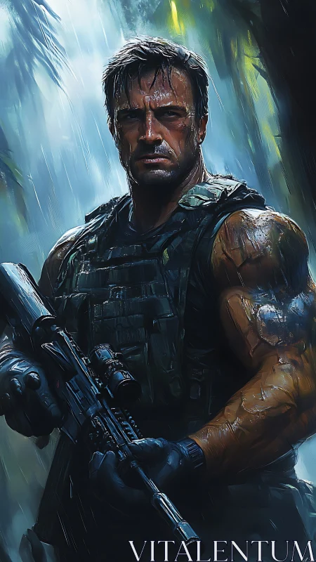 Seasoned jungle soldier standing strong in the pouring rain.