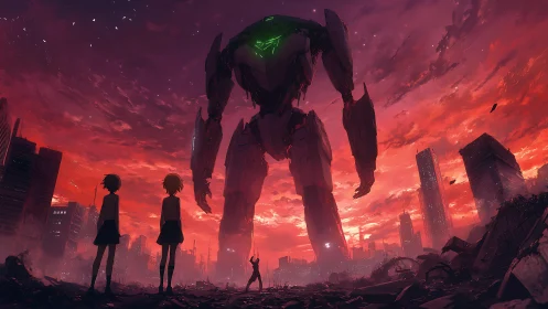 Colossal mech looms over ruined city at burning red dusk