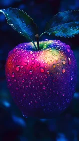 Macro closeup of iridescent dew covered apple under neon light