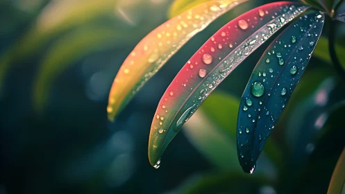 Colorful leaf blades with rain droplets in soft focus.