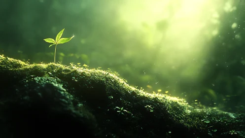 Young plant sprout on mossy ground in dreamy green sunlight.