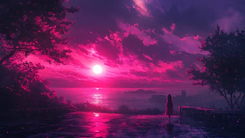 Girl watches neon magenta sunset over distant ocean pier