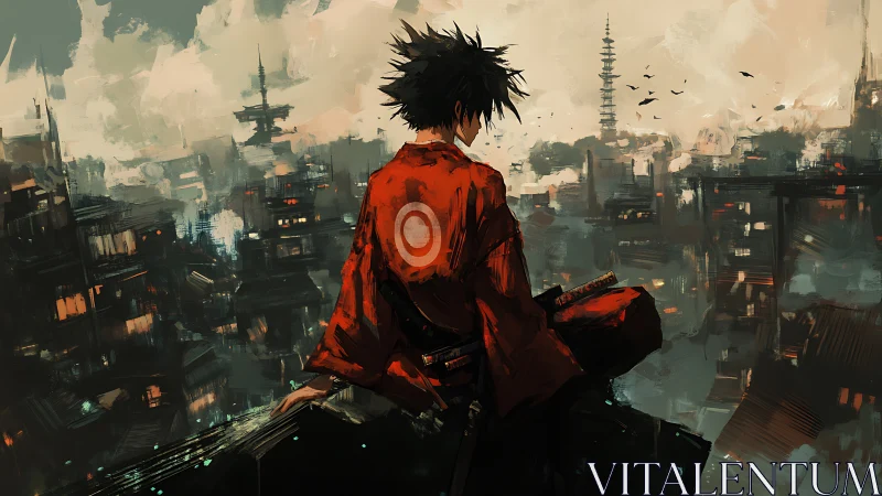 Samurai silhouette overlooking dense dystopian skyline at dusk