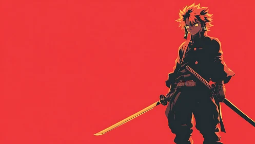 Sword-wielding anime warrior stands against flat red field