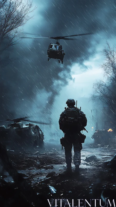 Soldier in rain-soaked warzone with helicopters overhead.