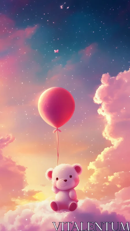 Teddy bear drifts through cotton-candy skies at sundown.