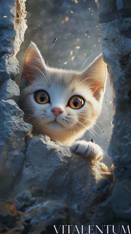 Curious White Kitten Peeking Through Stone Ruins