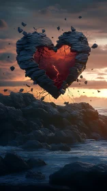 Levitating Heart-Shaped Rock Formation with Luminous Core