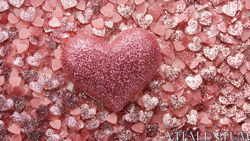 Large glitter heart on bed of small pink heart shapes.