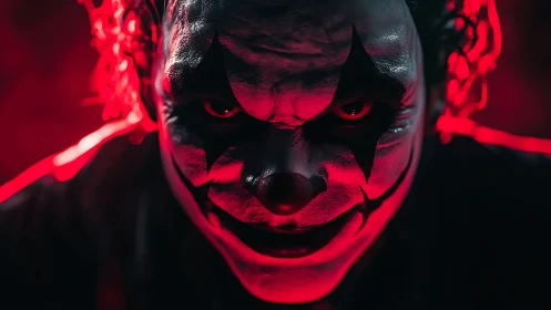 Clown-faced man stares intensely under harsh red lighting