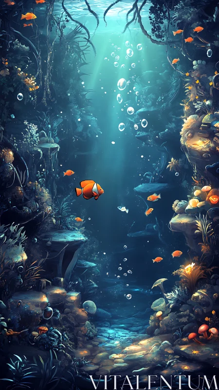 Clownfish drift through a luminous, enchanted reef cavern.