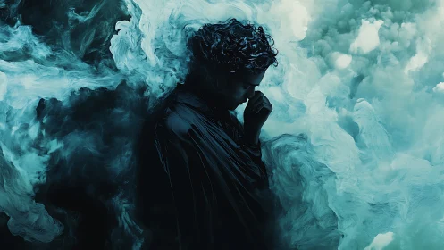 Solitary figure immersed in teal swirling ethereal clouds.