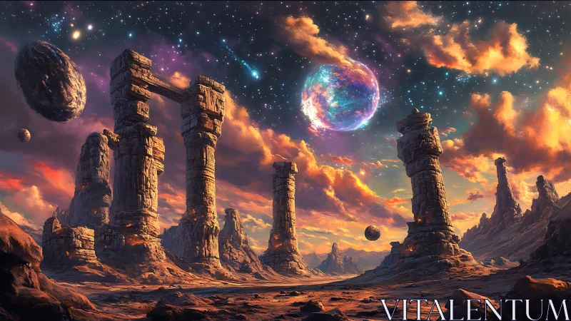 Ancient stone gateways salute a prismatic alien skyscape.