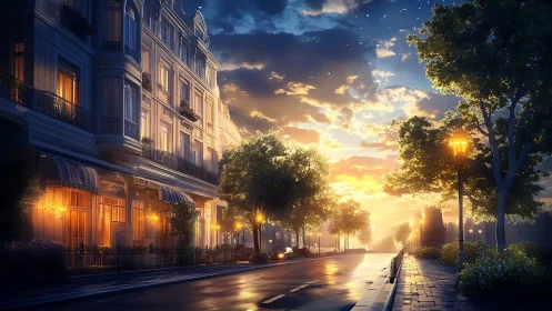 Sunlit boulevard with historic facade under golden hour sky