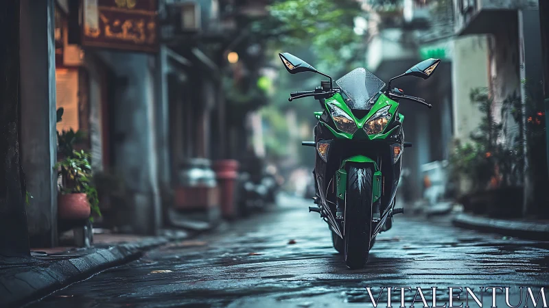 Green sport motorcycle parked on wet narrow city street.