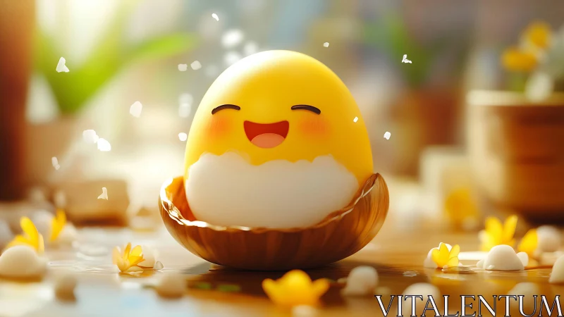 Yellow egg character in shell on wooden surface indoors.