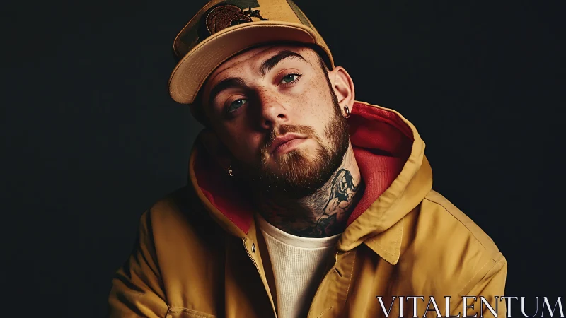 Photographic portrait with urban streetwear styling and noir tonality.