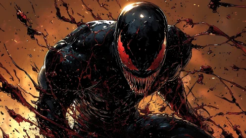 Sinister black creature lunges forward in fiery chaos.