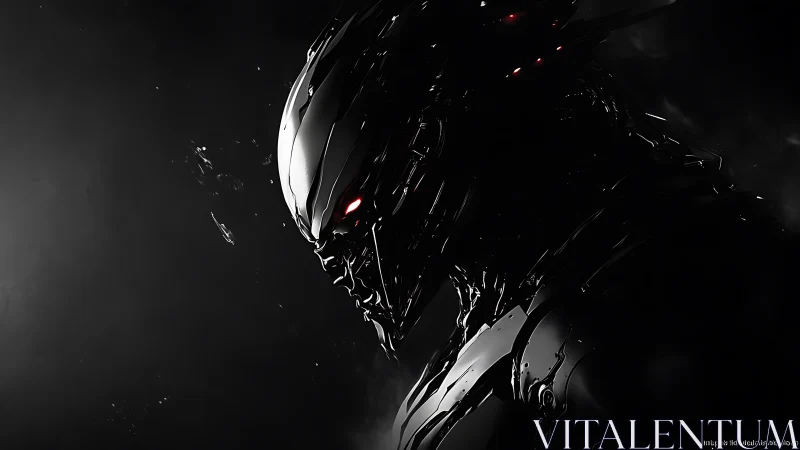 Midnight war‑machine sentinel with ember-lit predator gaze.