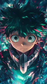 Anime portrait with neon kinetic lighting and frontal symmetry.