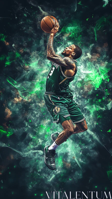 Dynamic basketball jump shot with neon green energy field.