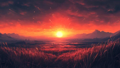 Emberstorm sunrise over crimson valley and whispering grass.