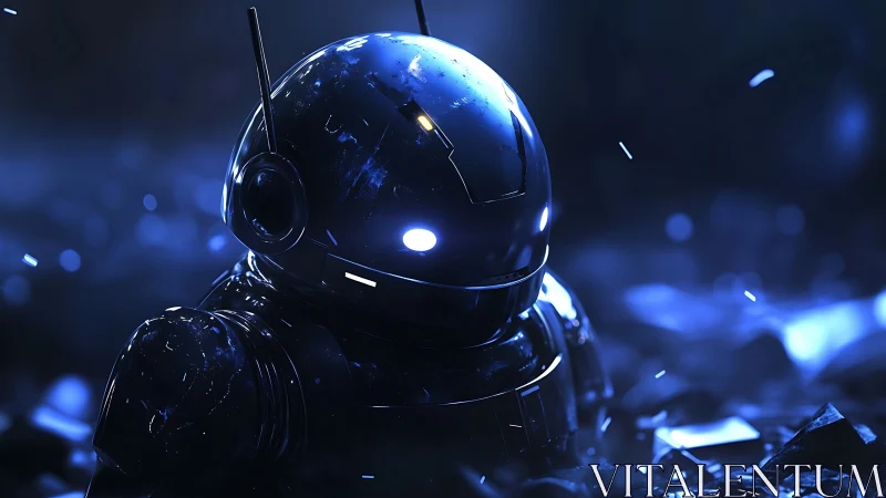 Midnight micro-astronaut robot dreaming in electric blue.