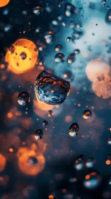 Water droplets float sharply against blurred bokeh lights