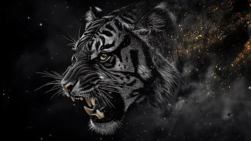 Roaring black tiger portrait rendered in high-contrast digital art