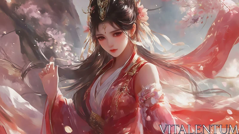 Digital portrait of woman in red hanfu amid blossoms.