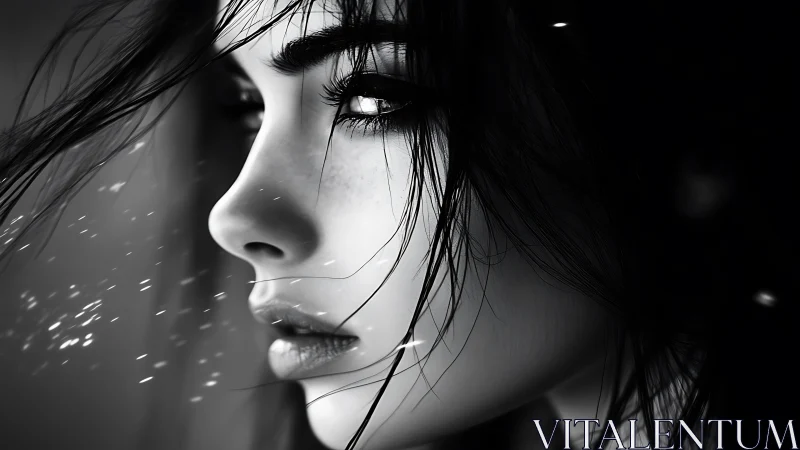 Monochrome digital portrait of pensive woman in profile.