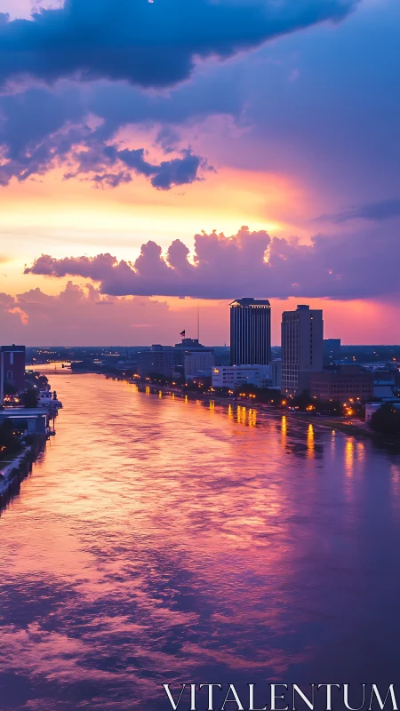 Urban riverfront skyline is viewed under multicolored sunset