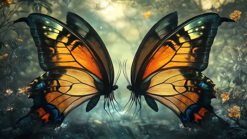 Gentle twin butterflies sharing a glowing forest moment.
