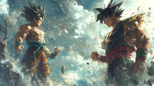 Sky-split duel between two blazing anime warriors.