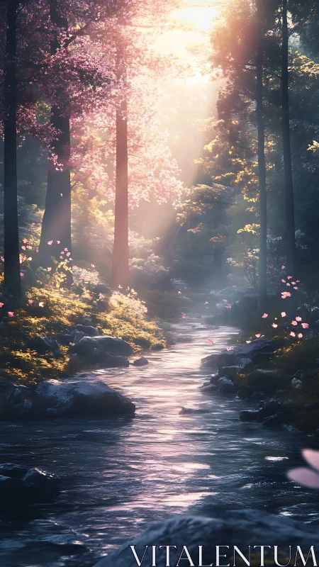 Ethereal Forest Stream Bathed in Golden Sunlight Through Trees