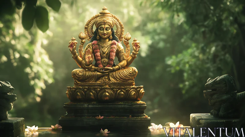 Golden Hindu deity statue in forest shrine with lotus pond