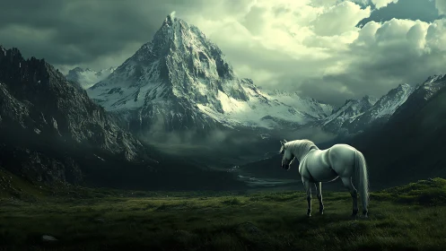 White horse stands in dark green valley under sharp peak.