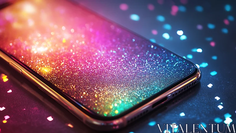 Macro closeup of smartphone screen with iridescent glitter bokeh