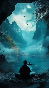 Solitary meditative figure overlooks misted karst lake panorama