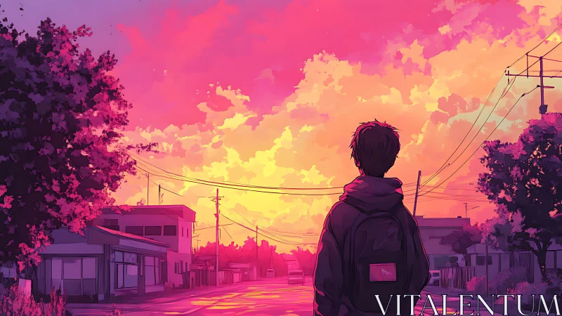 Solitary teen silhouette under vivid magenta sunset sky.