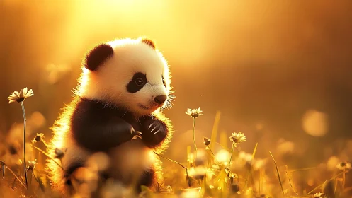 Backlit panda cub rendered in warm bokeh field illumination