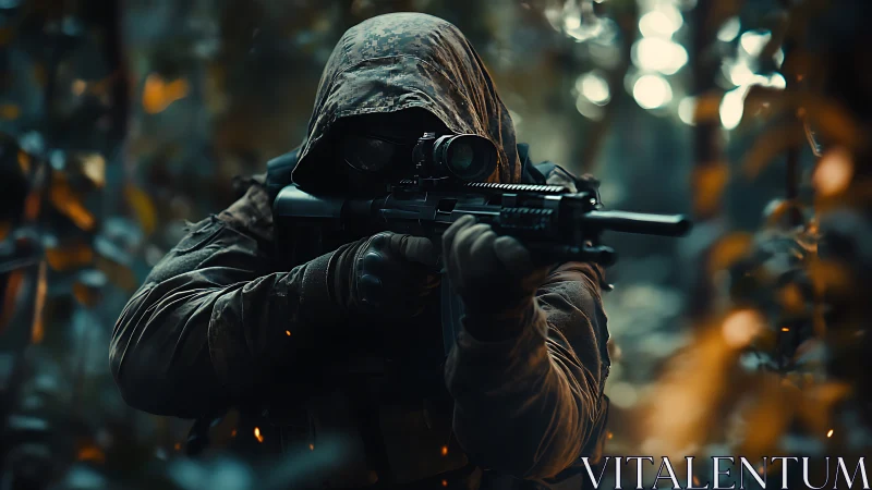 Camouflaged tactical marksman with scoped carbine in foliage.