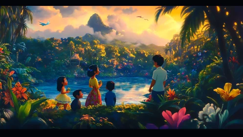 Luminous tropical family vista in cinematic digital painting.