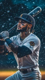 Focused baseball player prepares to bat under dramatic rain